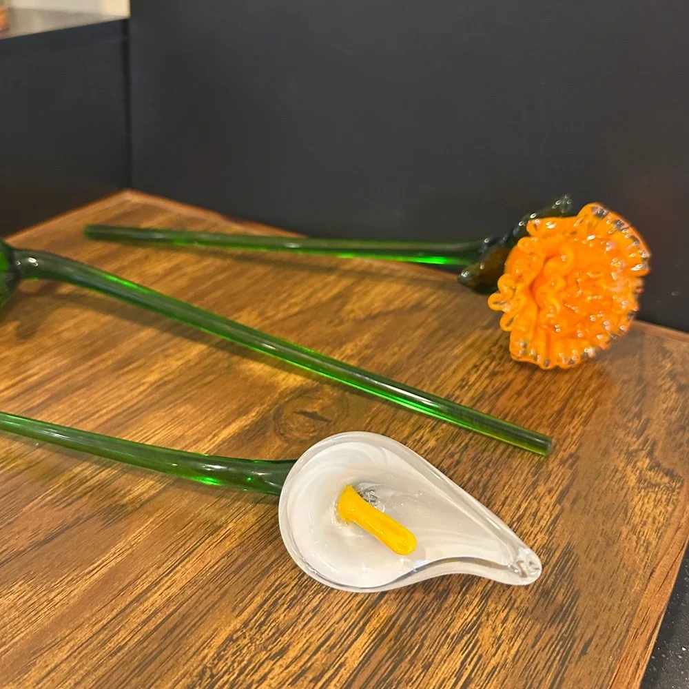 Vintage Hand Blown Art Glass Flowers Set of 3